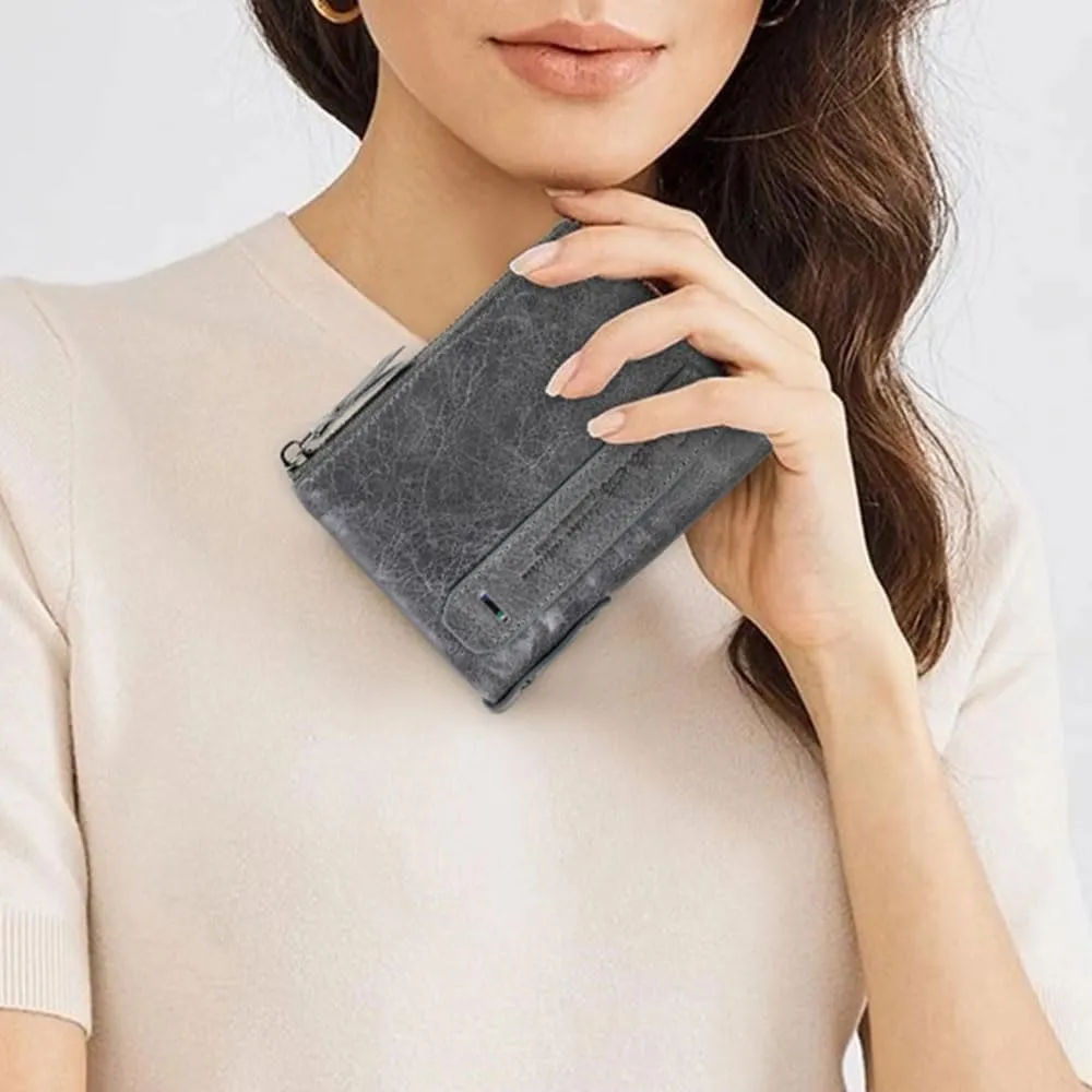 Soft Leather Wallet for Women and Men Small Bifold Coin Purse Double Zipper Card Holder with RFID Blocking (Gray)