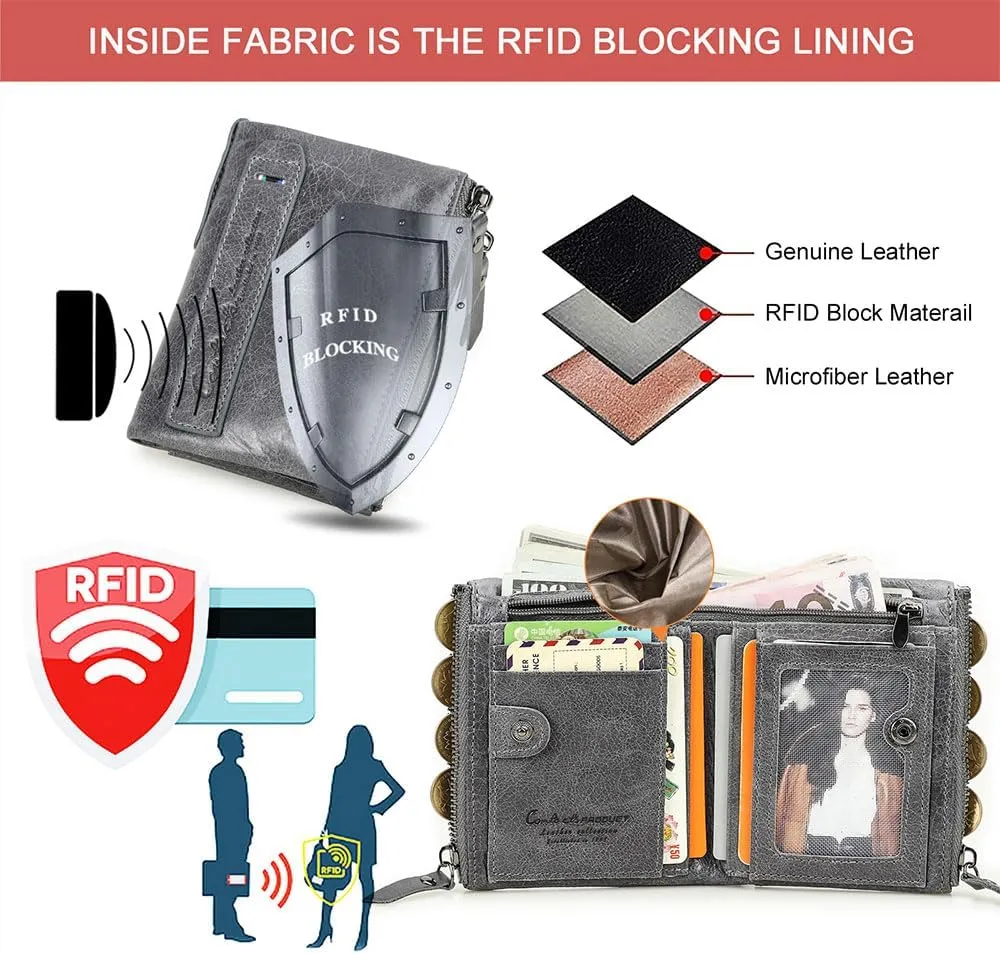 Soft Leather Wallet for Women and Men Small Bifold Coin Purse Double Zipper Card Holder with RFID Blocking (Gray)