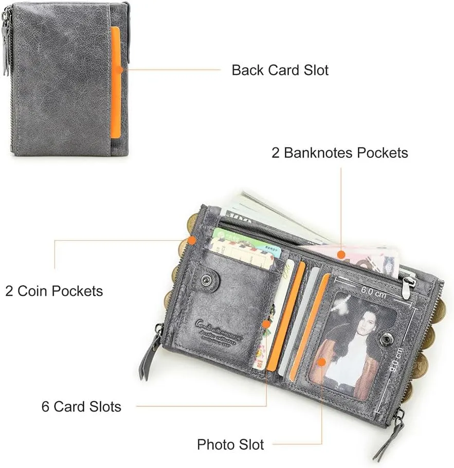 Soft Leather Wallet for Women and Men Small Bifold Coin Purse Double Zipper Card Holder with RFID Blocking (Gray)