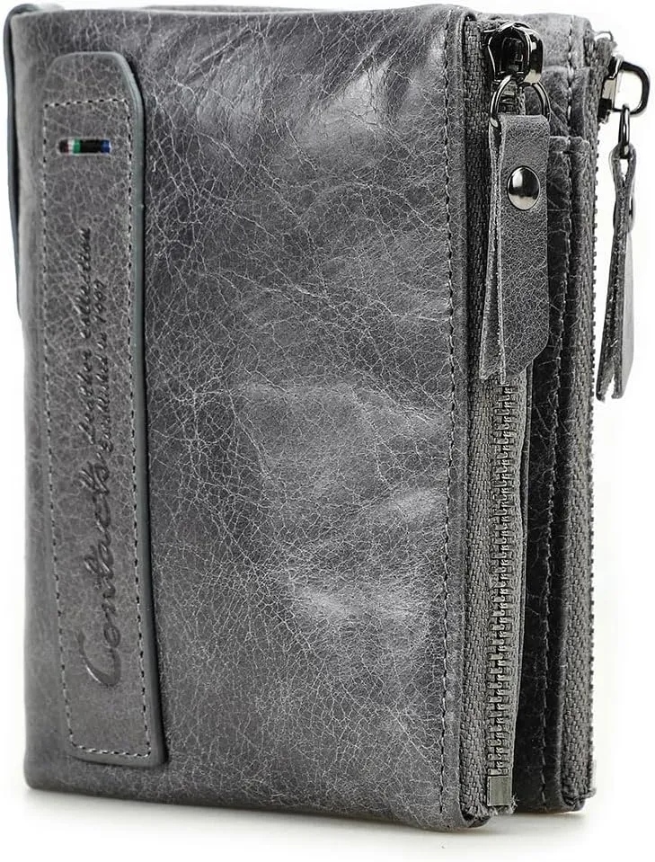 Soft Leather Wallet for Women and Men Small Bifold Coin Purse Double Zipper Card Holder with RFID Blocking (Gray)