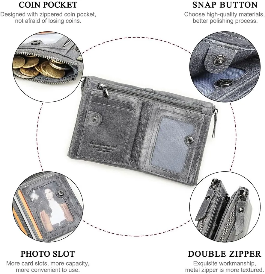 Soft Leather Wallet for Women and Men Small Bifold Coin Purse Double Zipper Card Holder with RFID Blocking (Gray)