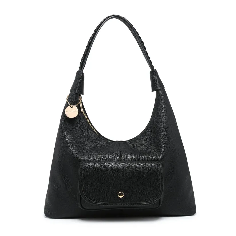 Soft textured hobo bag with braided shoulder strap and front flap pocket wholesale