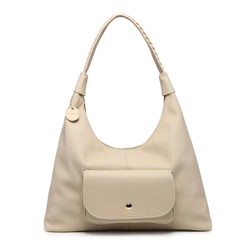 Soft textured hobo bag with braided shoulder strap and front flap pocket wholesale