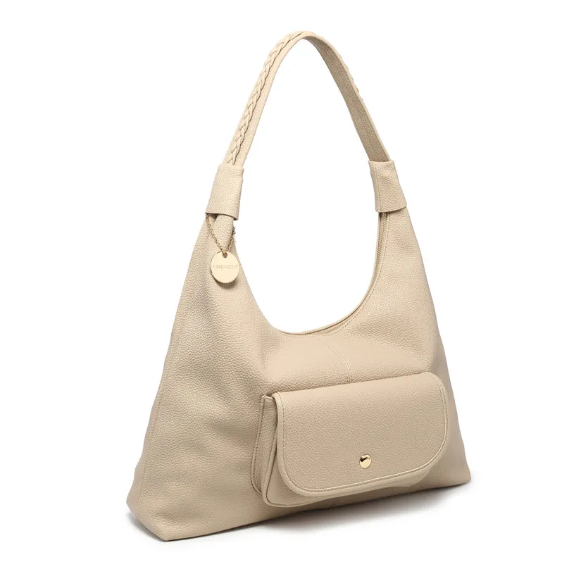 Soft textured hobo bag with braided shoulder strap and front flap pocket wholesale