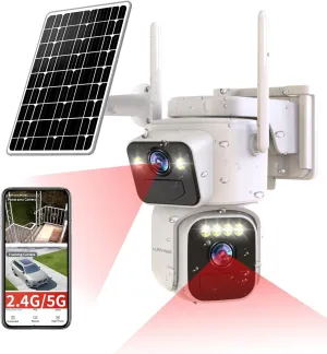 Solar Security Cameras Outdoor Wireless,2.4G/5G WiFi Cameras for Home Security, Dual Lens PTZ Motion Zone,2-Way Audio,Night Vision,Weatherproof,SD/Cloud Storage