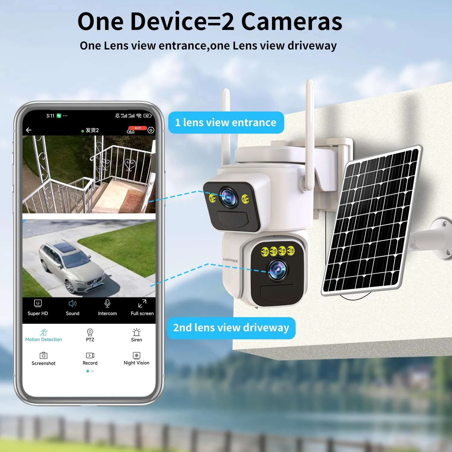 Solar Security Cameras Outdoor Wireless,2.4G/5G WiFi Cameras for Home Security, Dual Lens PTZ Motion Zone,2-Way Audio,Night Vision,Weatherproof,SD/Cloud Storage