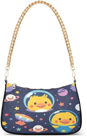 Solar System Planet Nebula Duck Starry Tote Bag Hobo Handbag Shoulder Bag for Women Ladies Mini Clutch Purse with Zipper Closure