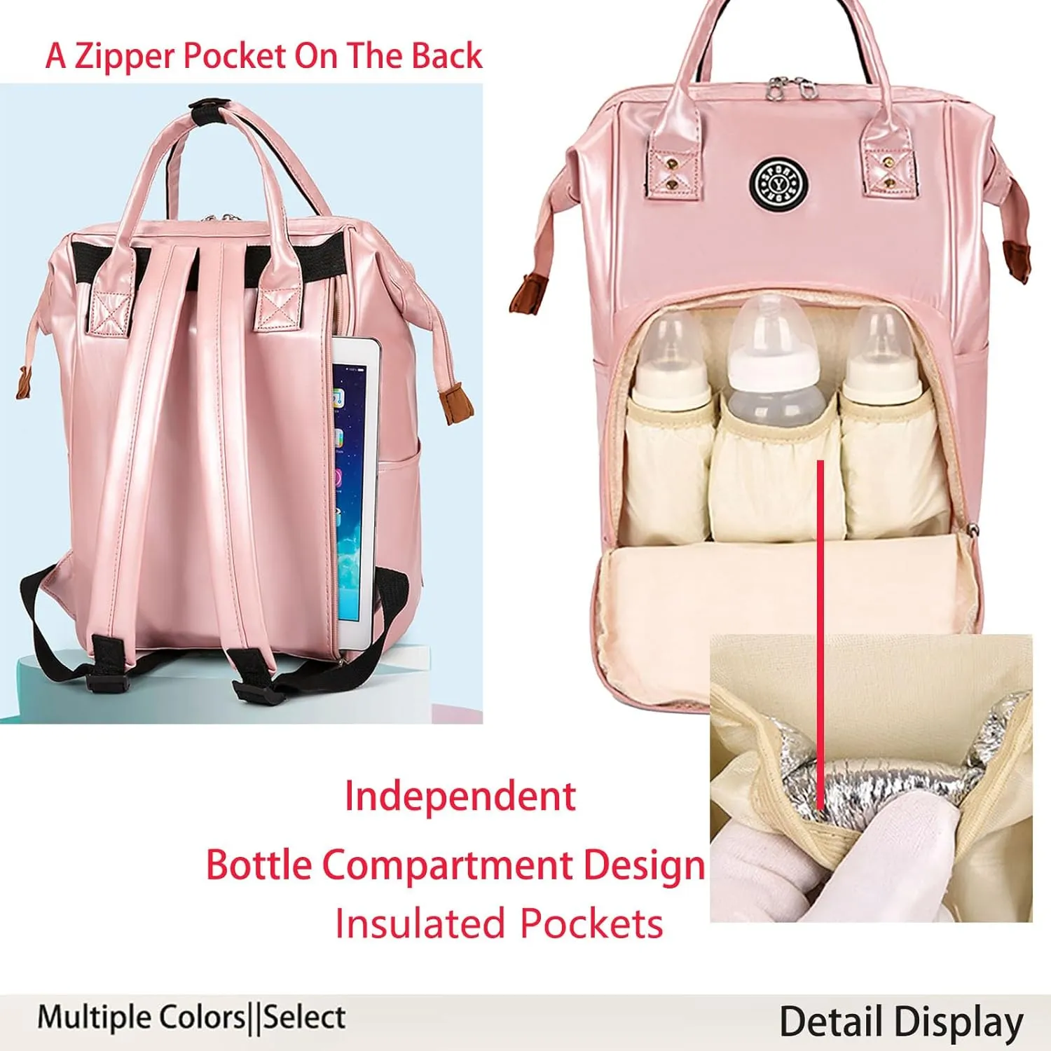 Solid Color Artificial Leather Diaper Bag Backpack with Insulated Pockets Mama Baby Anti-theft Travel Bag (Coffee)