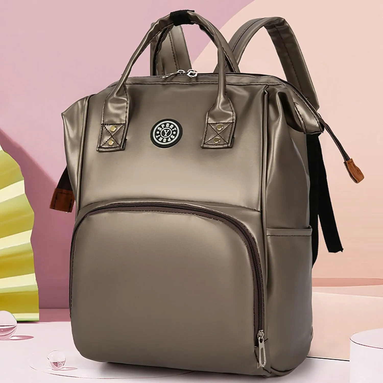 Solid Color Artificial Leather Diaper Bag Backpack with Insulated Pockets Mama Baby Anti-theft Travel Bag (Coffee)