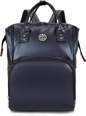 Solid Color Artificial Leather Diaper Bag Backpack with Insulated Pockets Mama Baby Anti-theft Travel Bag (Dark Blue)