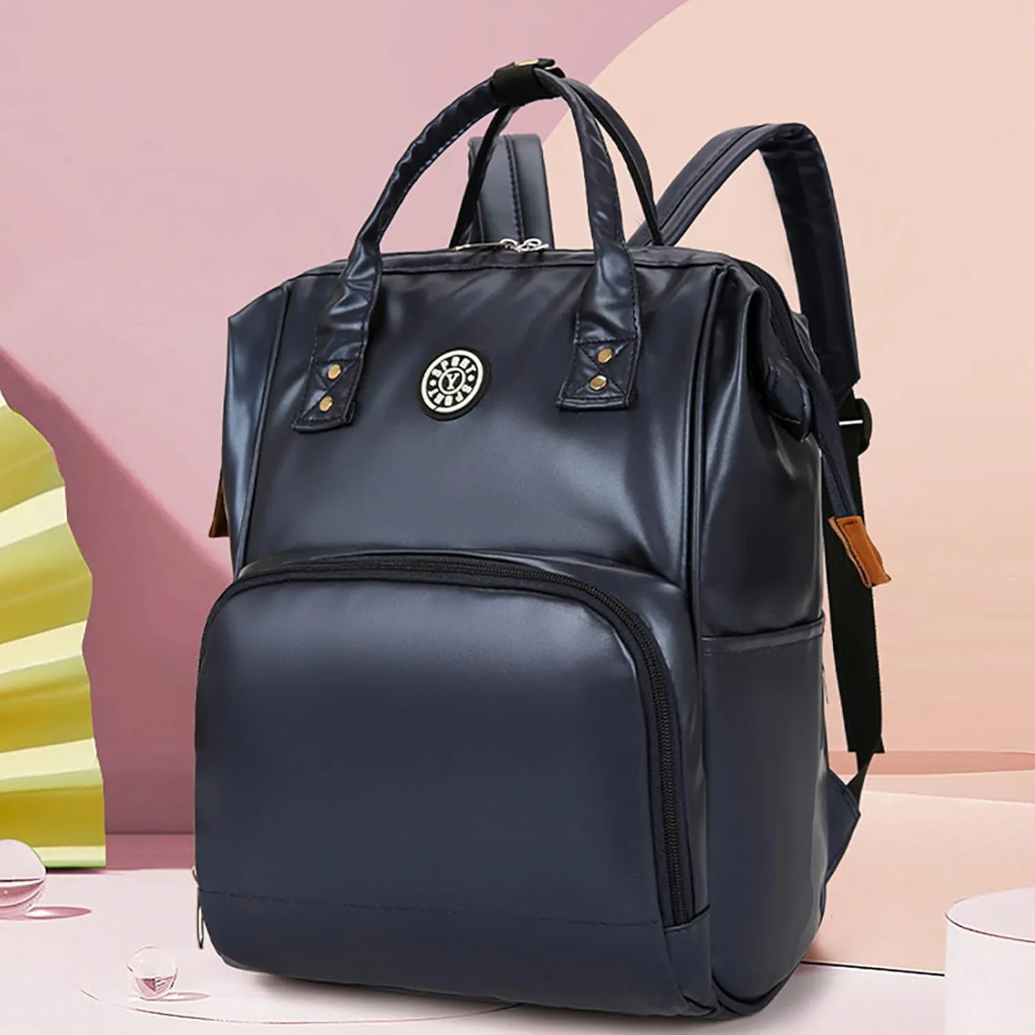 Solid Color Artificial Leather Diaper Bag Backpack with Insulated Pockets Mama Baby Anti-theft Travel Bag (Dark Blue)