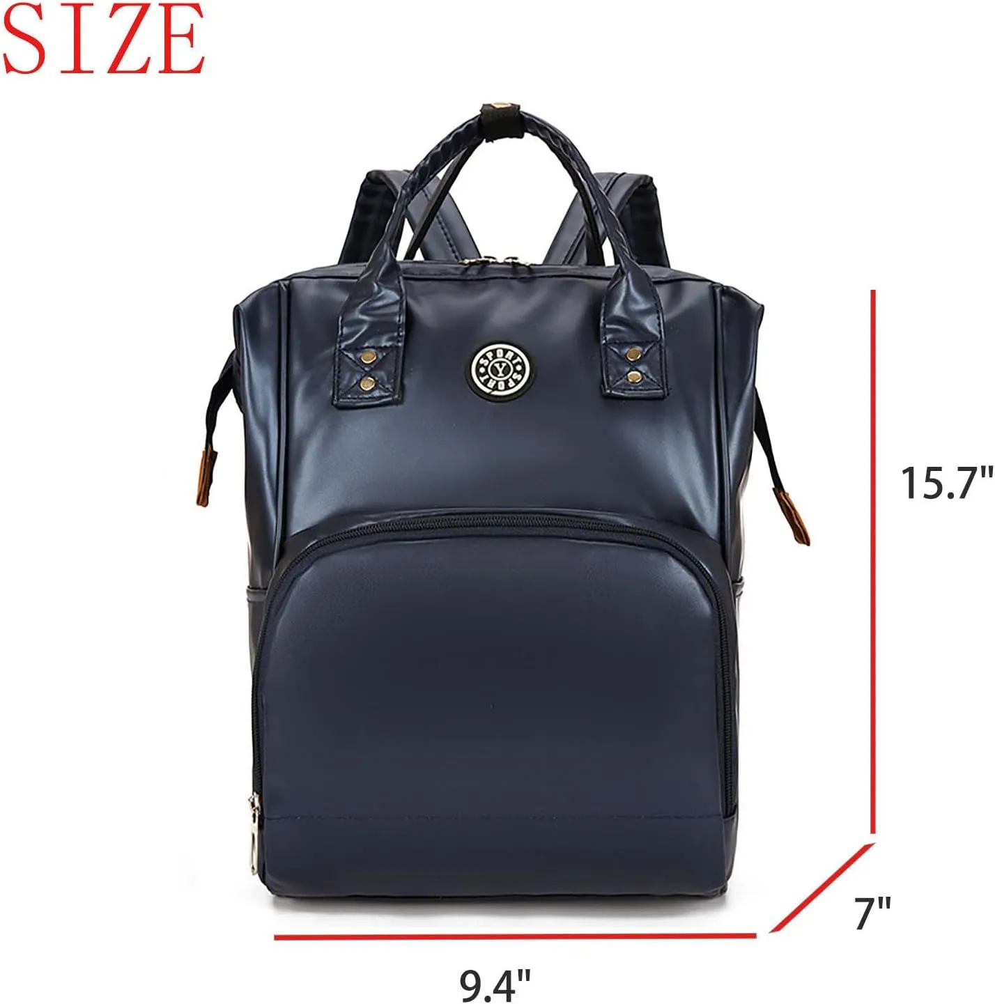 Solid Color Artificial Leather Diaper Bag Backpack with Insulated Pockets Mama Baby Anti-theft Travel Bag (Dark Blue)