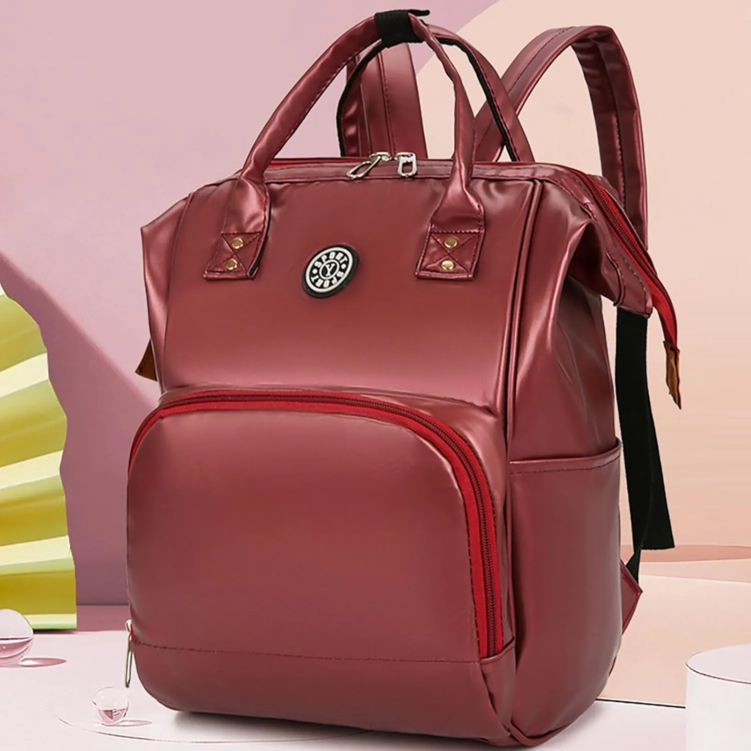 Solid Color Artificial Leather Diaper Bag Backpack with Insulated Pockets Mama Baby Anti-theft Travel Bag (Red)