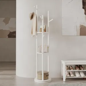 Solid Wood Rotary Coat Rack, Freestanding Coat Rack with 3 Shelves and 9 Hooks, Coat tree for Bedroom, Entryway, Livingroom, Coat Hanger Stand for Coats, Scarves, Handbags (White)