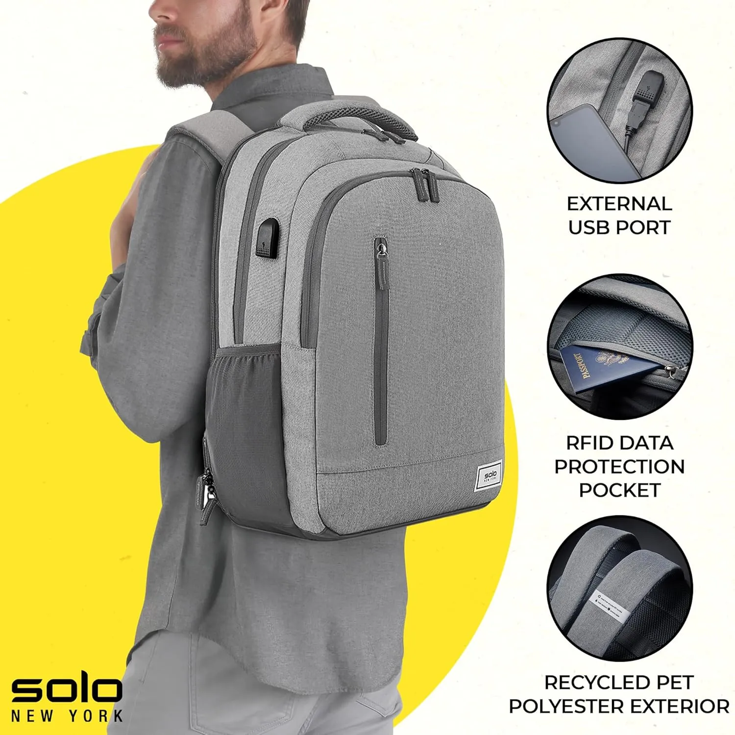 Solo New York Laptop Backpack for Women & Men -Carry On Bookbag for Travel & Work, Lightweight Bag, Side Mesh Pockets, Fits 15.6" Computer - Re:Define, Grey