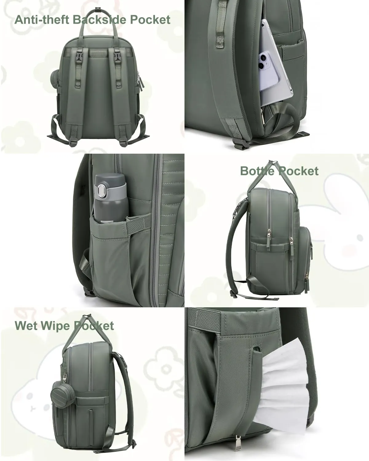 Somago Baby Diaper Backpack Multifunction Travel Essentials Baby Bag backpack for Baby Boys Girls with Changing pad Stroller Straps Pacifier Case Insulated Pockets(Dark green)