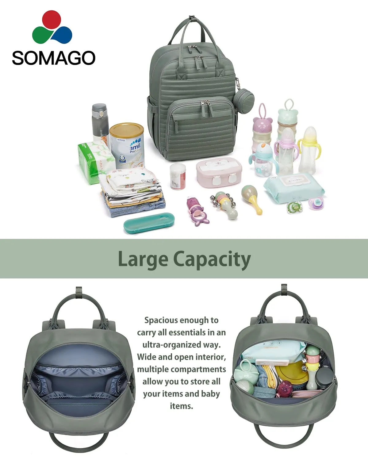 Somago Baby Diaper Backpack Multifunction Travel Essentials Baby Bag backpack for Baby Boys Girls with Changing pad Stroller Straps Pacifier Case Insulated Pockets(Dark green)
