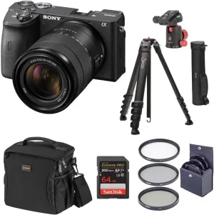 Sony Alpha a6600 Mirrorless Interchangeable Lens Digital Camera with 18-135mm Lens - Bundle with Tripod, Shoulder Bag, 64GB SD Card, 55mm Filter Kit, Ball Head
