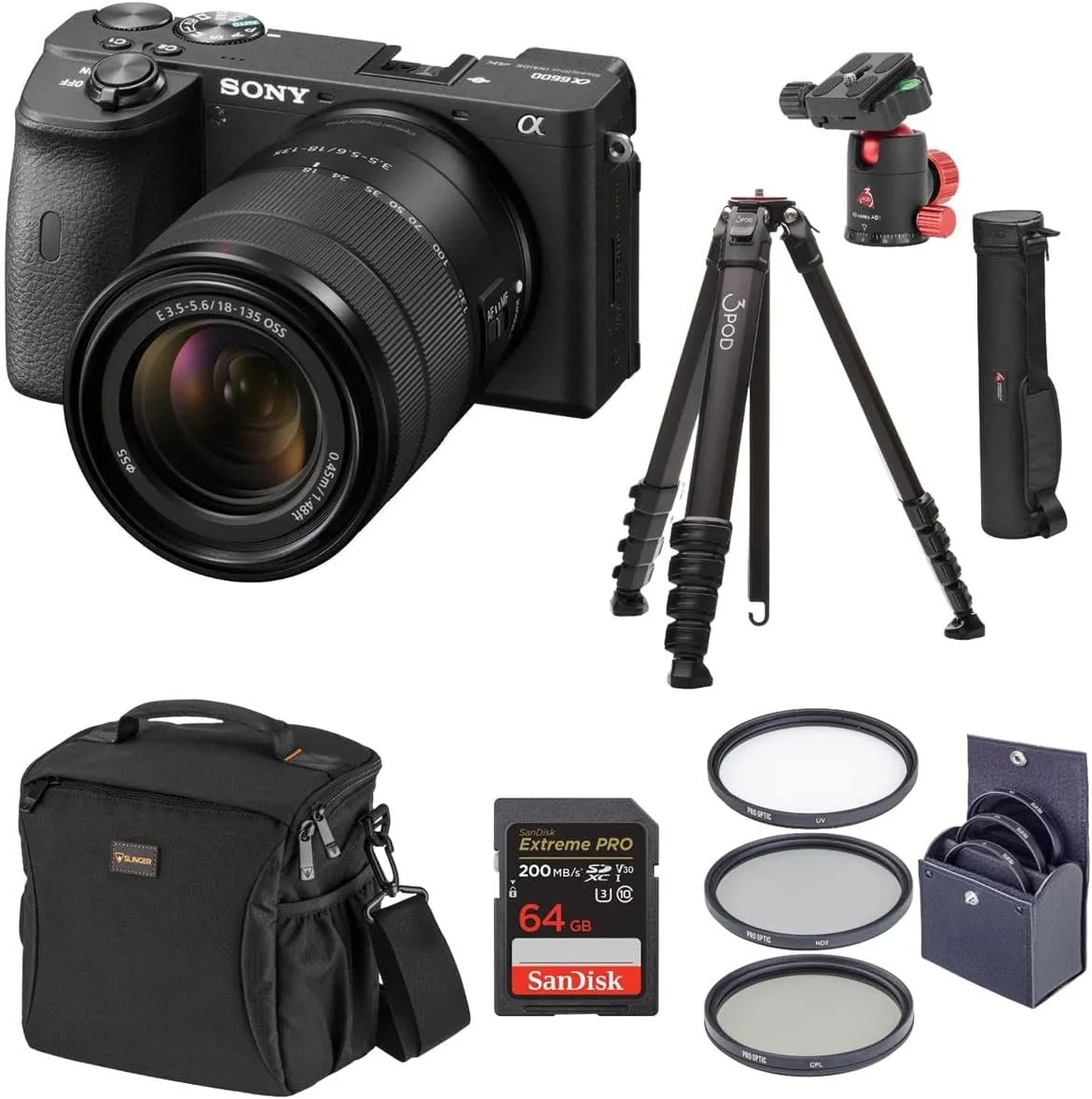 Sony Alpha a6600 Mirrorless Interchangeable Lens Digital Camera with 18-135mm Lens - Bundle with Tripod, Shoulder Bag, 64GB SD Card, 55mm Filter Kit, Ball Head