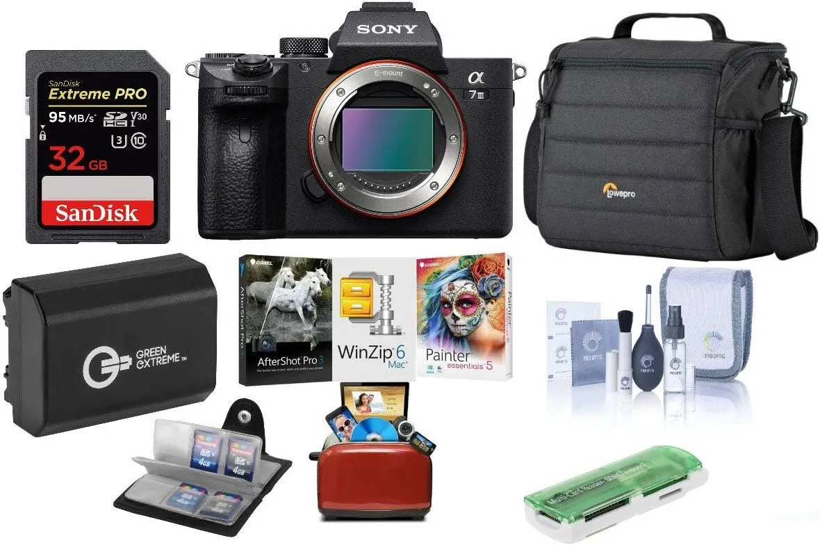 Sony Alpha a7 III Mirrorless Digital Camera - Bundle with Shoulder Bag, 32GB SD Card, Cleaning Kit, Card Reader, SD Card Case, Corel Mac Software Kit, Extra Battery