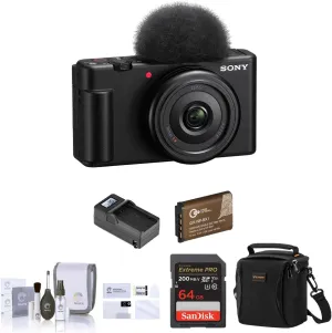 Sony ZV-1F Vlogging Camera, Black Bundle with 64GB SD Card, Shoulder Bag, Extra Battery, Charger, Screen Protector, Cleaning Kit