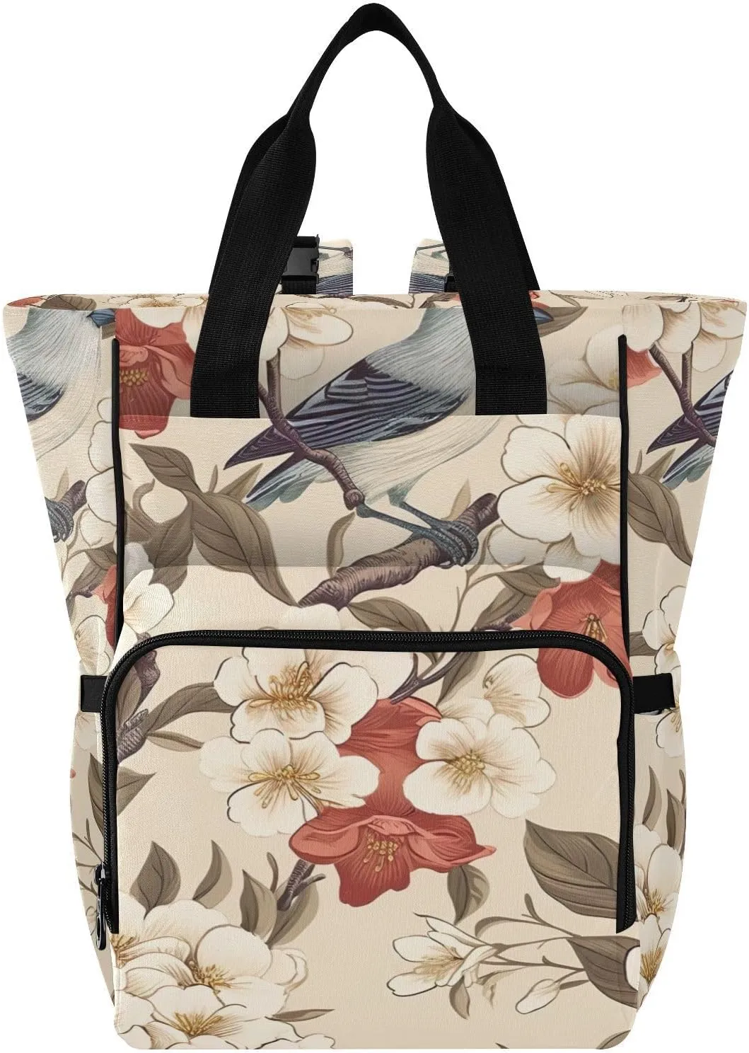 Sparrow White Flowers Diaper Bag Backpack for Baby Boys Girls Multifunction Travel Tote with Stroller Straps & Bottle Storage Baby Diaper Bag for Shopping Hiking Traveling Baby Shower Gifts Moms Dads