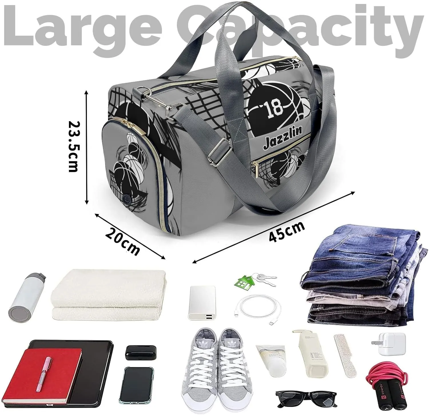 Sport Player Duffle Bag for Travel,Personalized Basketball Gray Carry on Bag Travel Bags Overnight Weekend Gym Bag Carry On Luggage Bags