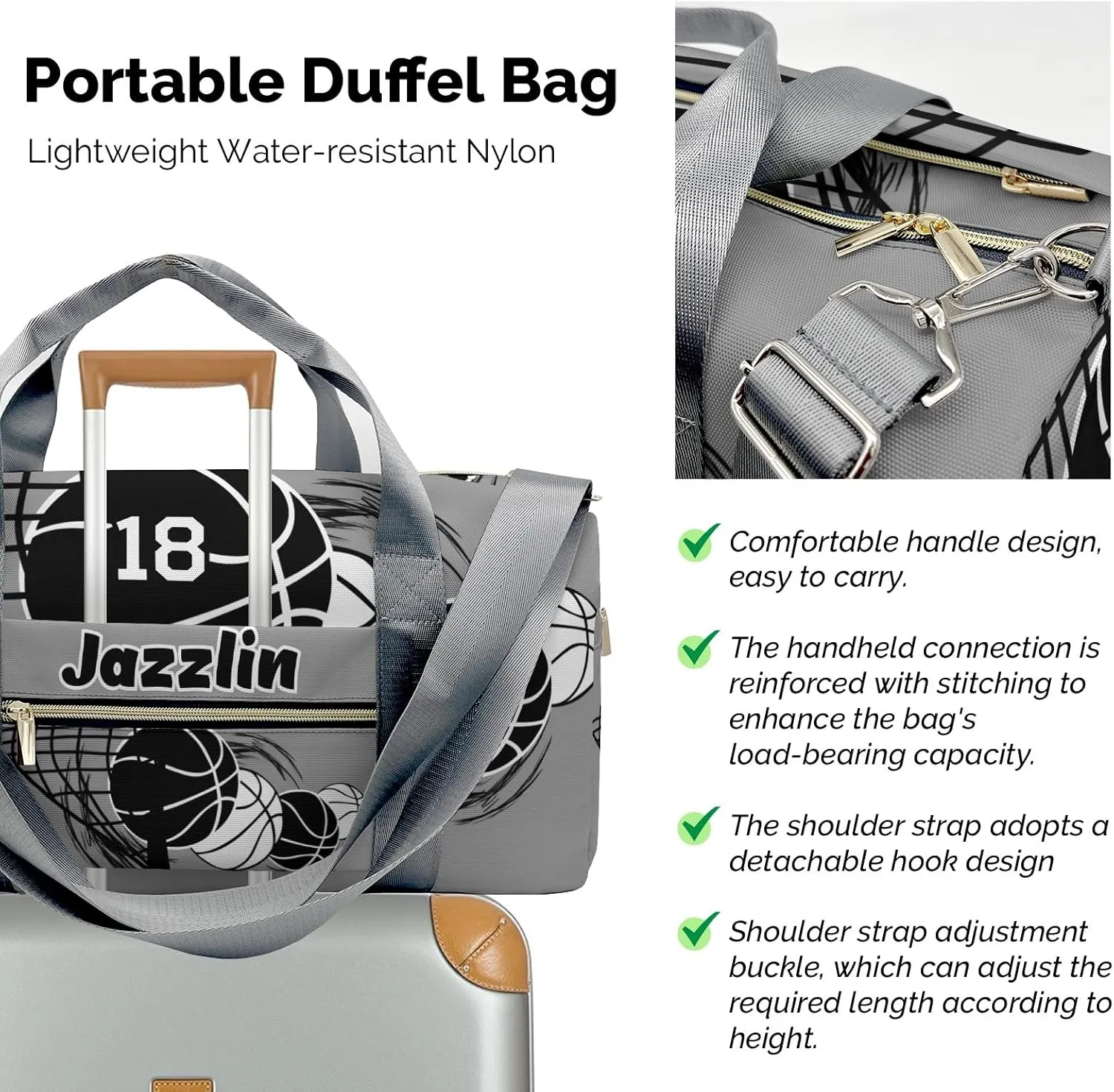 Sport Player Duffle Bag for Travel,Personalized Basketball Gray Carry on Bag Travel Bags Overnight Weekend Gym Bag Carry On Luggage Bags