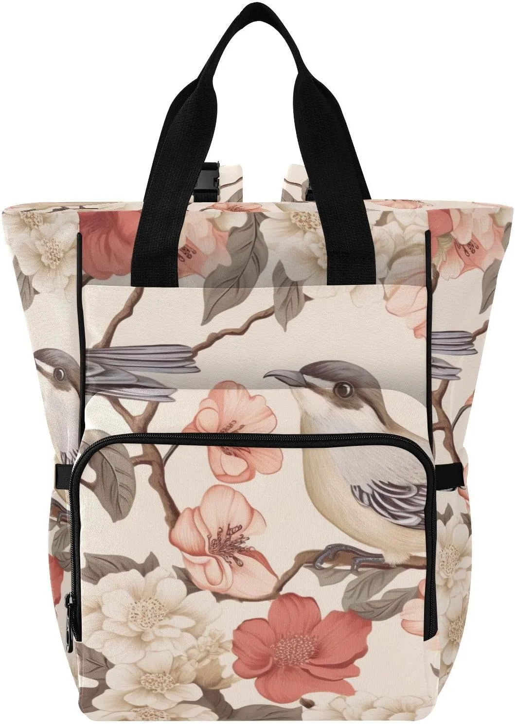 SPRIPORT Sparrow White Flowers Diaper Bag Backpack for Baby Boys Girls Multifunction Travel Tote with Stroller Straps & Bottle Storage Nappy Changing Bag for Shopping Hiking Traveling Moms Dads