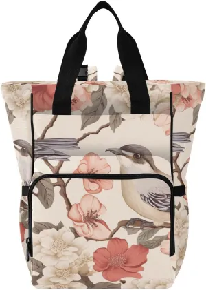 SPRIPORT Sparrow White Flowers Diaper Bag Backpack for Baby Boys Girls Multifunction Travel Tote with Stroller Straps & Bottle Storage Nappy Changing Bag for Shopping Hiking Traveling Moms Dads