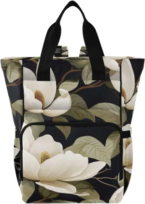 SPRIPORT White Magnolia Flower Diaper Bag Backpack for Baby Boys Girls Multifunction Travel Tote with Stroller Straps & Bottle Storage Large Travel Diaper Backpack for Moms Traveling Shopping Hiking