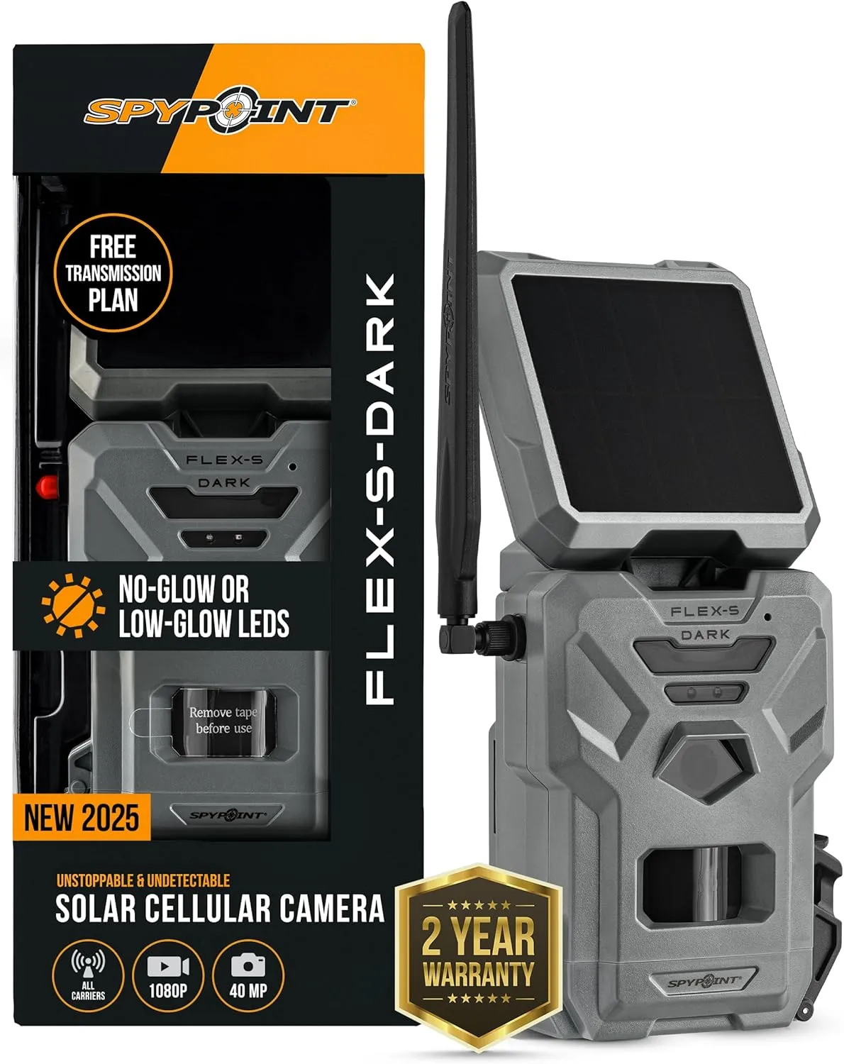 SPYPOINT Flex-S-Dark Solar Cellular Trail Camera – Built-in Solar Panel, 40MP Photos, 1080p Videos   Sound, No-Glow Game Camera, Night Vision, Motion Activated Trail Cam