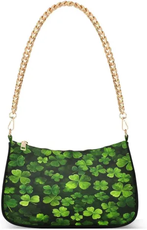 St. Patrick's Day Shamrock Irish Clover Leaves Black Green Tote Bag Hobo Handbag for Women Ladies Shoulder Bag Mini Clutch Purse with Zipper Closure