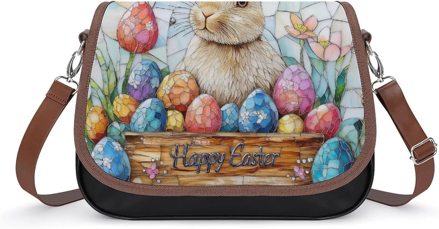 Stained Glass Bunny And Yellow Chick Crossbody Bag Leather Crossbody Bag