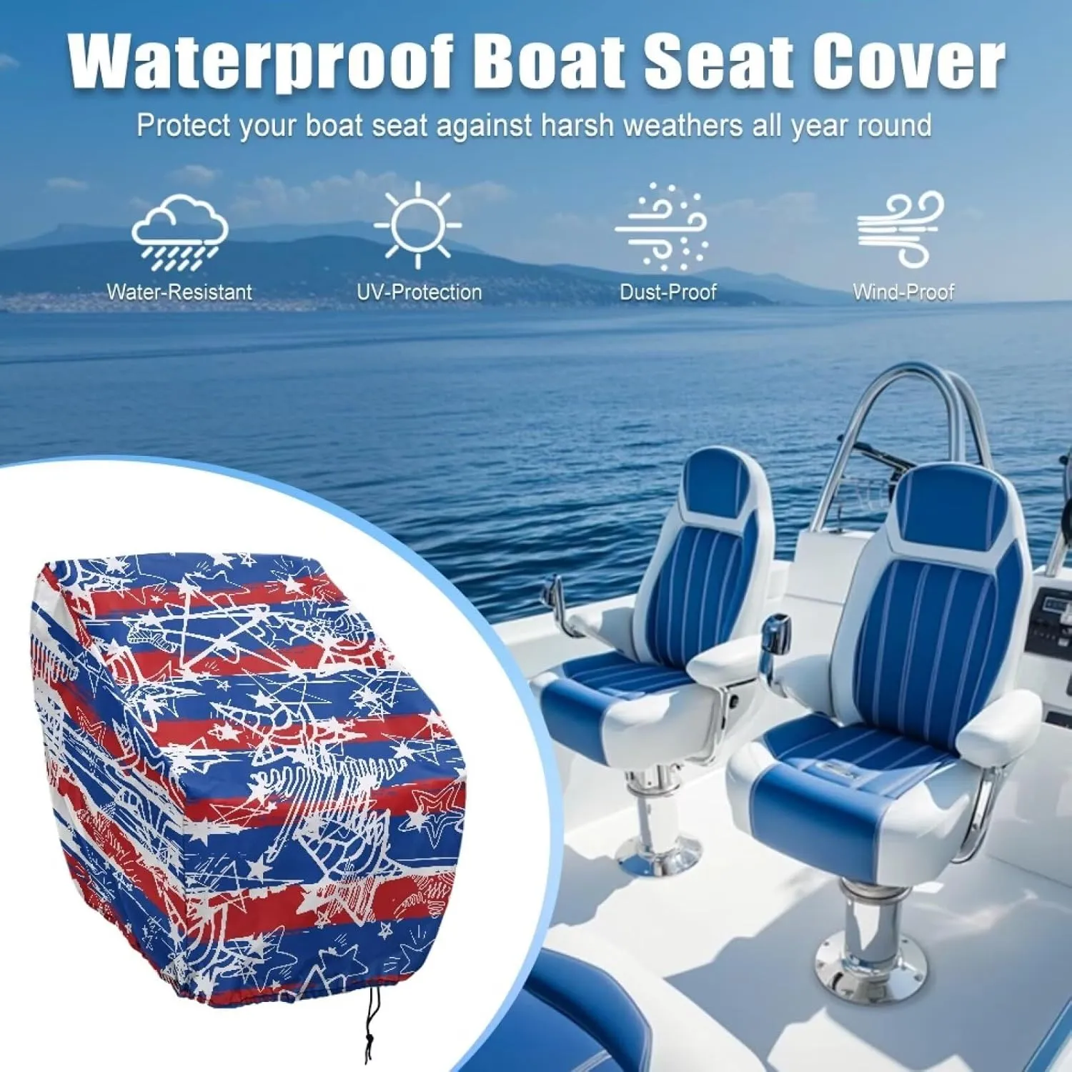 Starfish Stripe Boat Folding Seat Cover Silver-Plated Polyester Weather Resistant Material Captain's Chair Cover Full Length Protection for Your Boat Seat Cover
