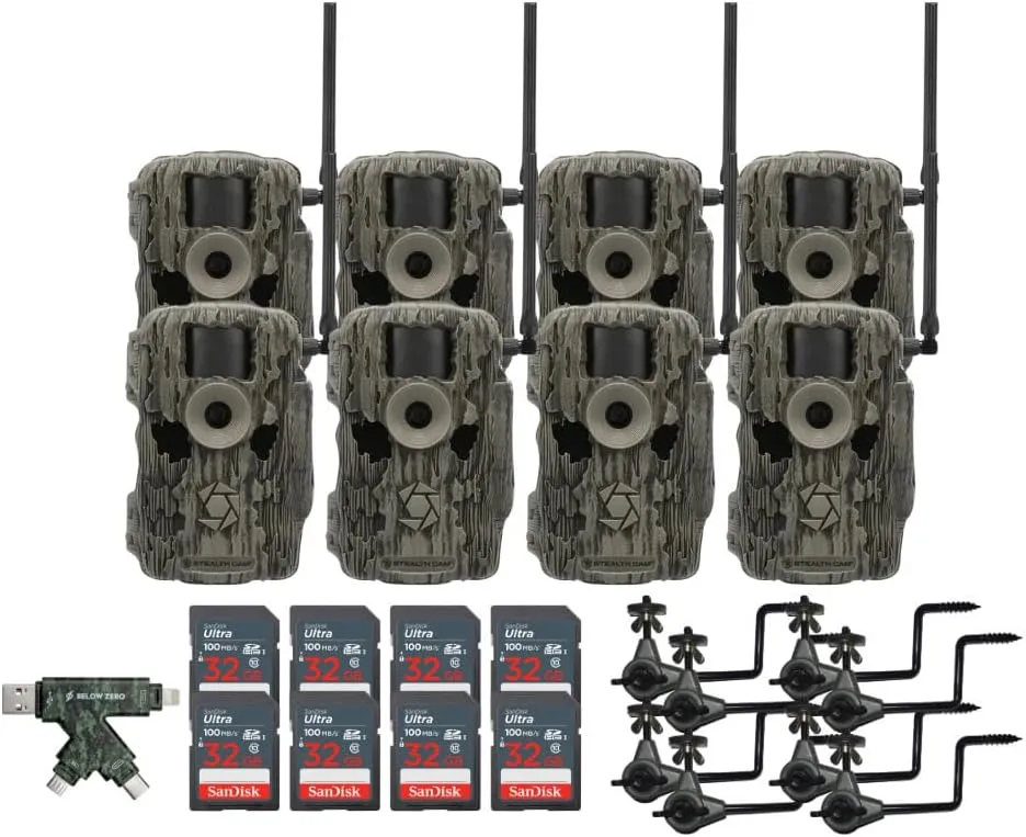 Stealth Cam 36MP Fusion Max Cellular Trail Camera (2-Pack) x 4 Bundle with Economy Trail Camera Holder (8-Pack), 4-In-1 Card Reader, and 32GB Ultra SDHC UHS-I Memory Card (8-Pack) (21 Items)