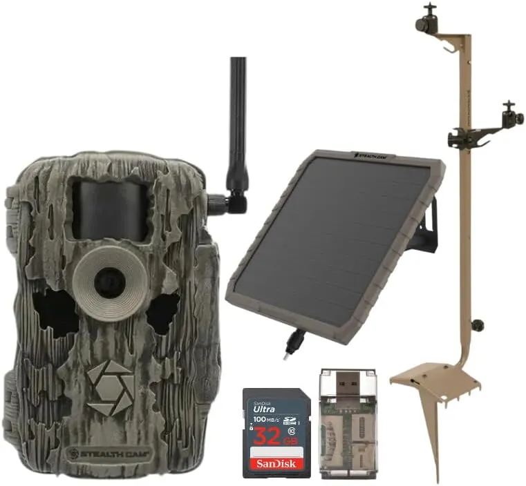Stealth Cam 36MP Fusion Max Cellular Trail Camera with Infrared Flash Bundle with Stealth Cam Solar Battery Pack, Mounting Post, 32GB Memory Card, and Card Reader (5 Items)