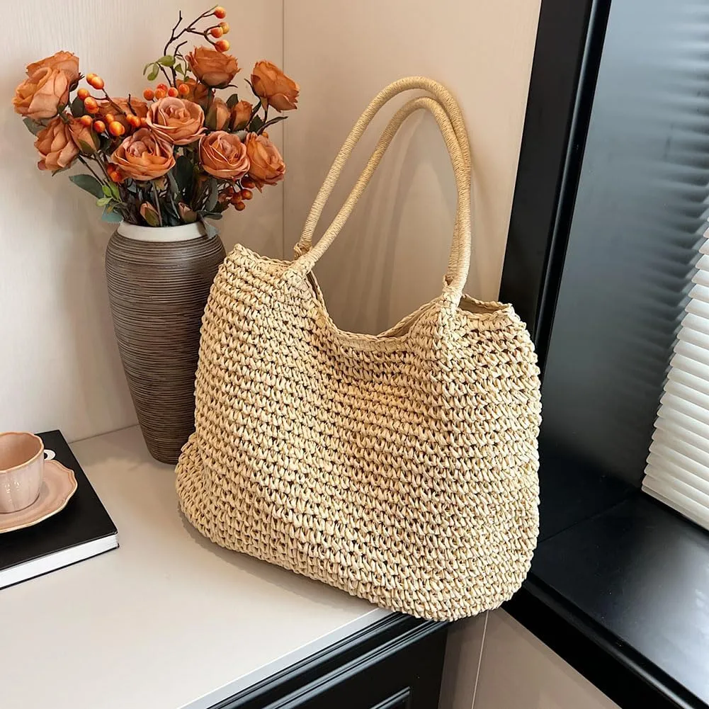Straw Beach Bag Large Capacity Retro Straw Handbag Hasp Closure Weaving Handbag Ladies Summer Beach Tote Bags