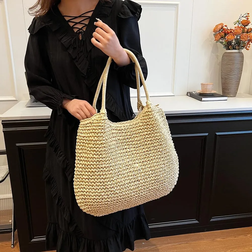 Straw Beach Bag Large Capacity Retro Straw Handbag Hasp Closure Weaving Handbag Ladies Summer Beach Tote Bags