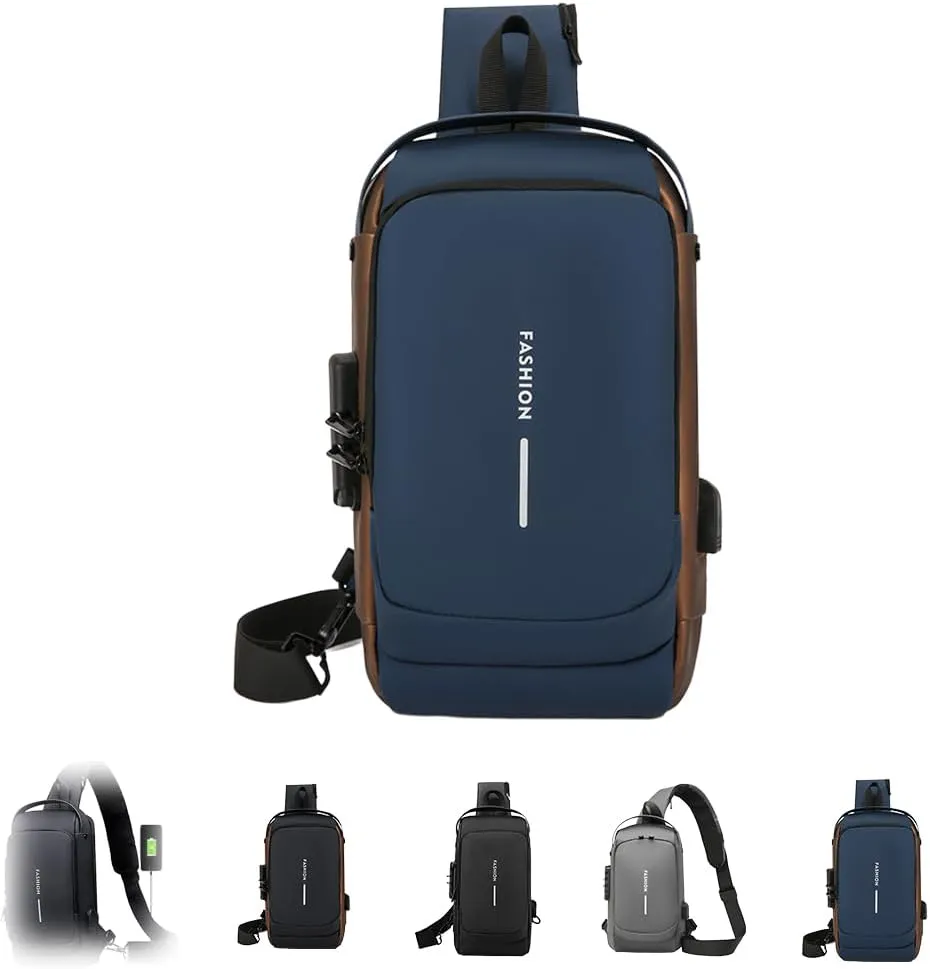 Streamline Anti-Theft Sling Bag - USB Charging Sport Crossbody Pack, Weather-Resistant Shoulder Bag for Daily Commute (Blue Brown)