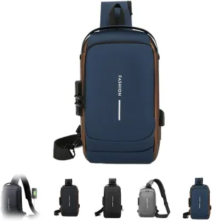 Streamline Anti-Theft Sling Bag - USB Charging Sport Crossbody Pack, Weather-Resistant Shoulder Bag for Daily Commute (Blue Brown)