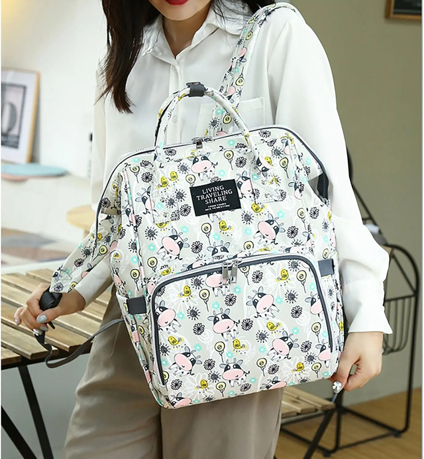 Stylish Print Diaper Bag Backpack Mama Baby Anti Theft Travel Bag with Insulated Pockets Dry Wet Separation Pocket (Grey Calf)