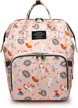 Stylish Print Diaper Bag Backpack Mama Baby Anti Theft Travel Bag with Insulated Pockets Dry Wet Separation Pocket (Orange Fox)
