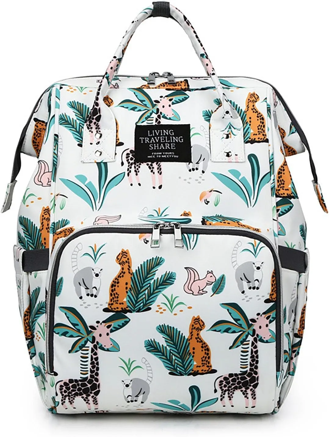 Stylish Print Diaper Bag Backpack Mama Baby Anti Theft Travel Bag with Insulated Pockets Dry Wet Separation Pocket (White Giraffe)