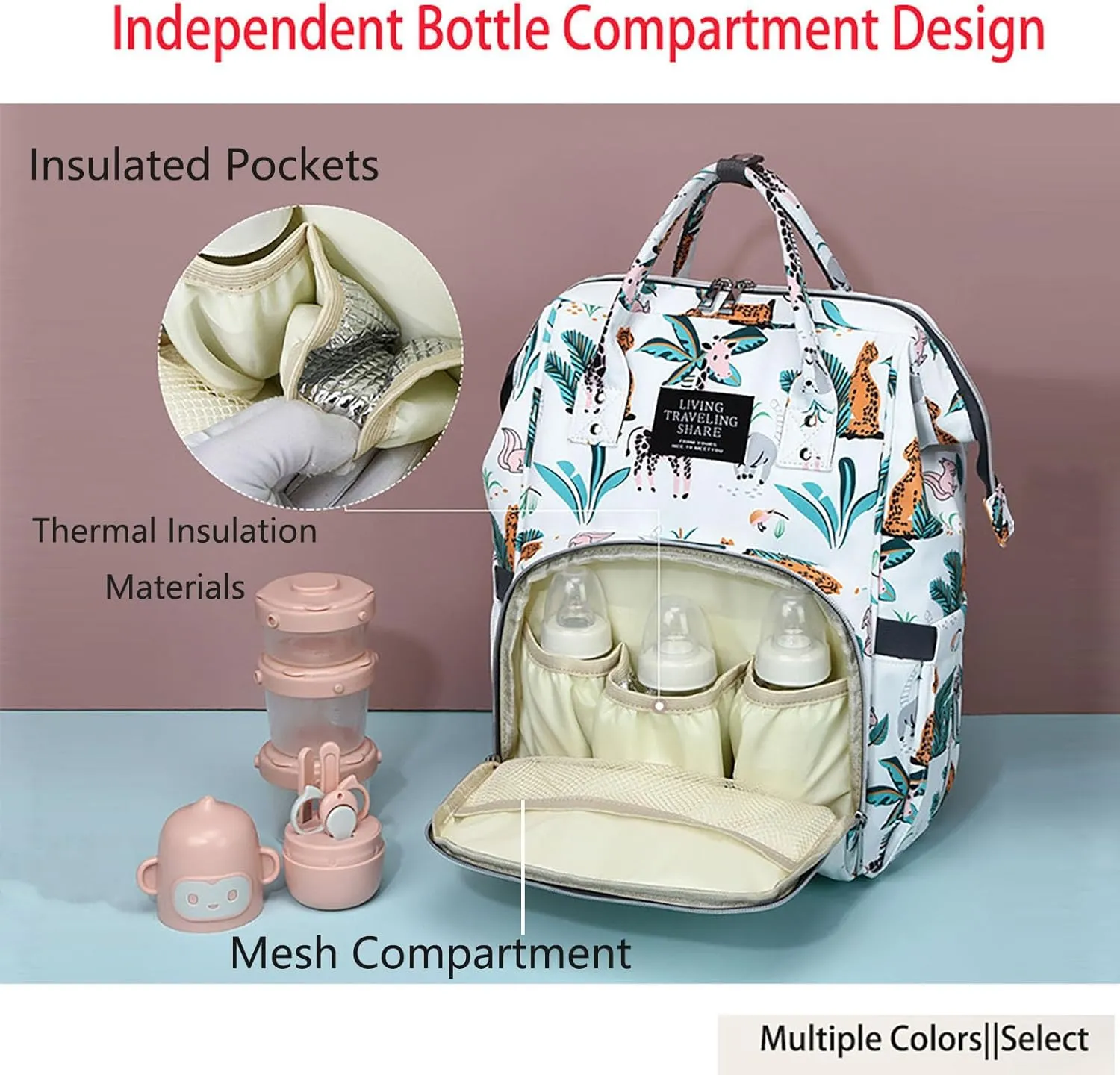 Stylish Print Diaper Bag Backpack Mama Baby Anti Theft Travel Bag with Insulated Pockets Dry Wet Separation Pocket (White Giraffe)