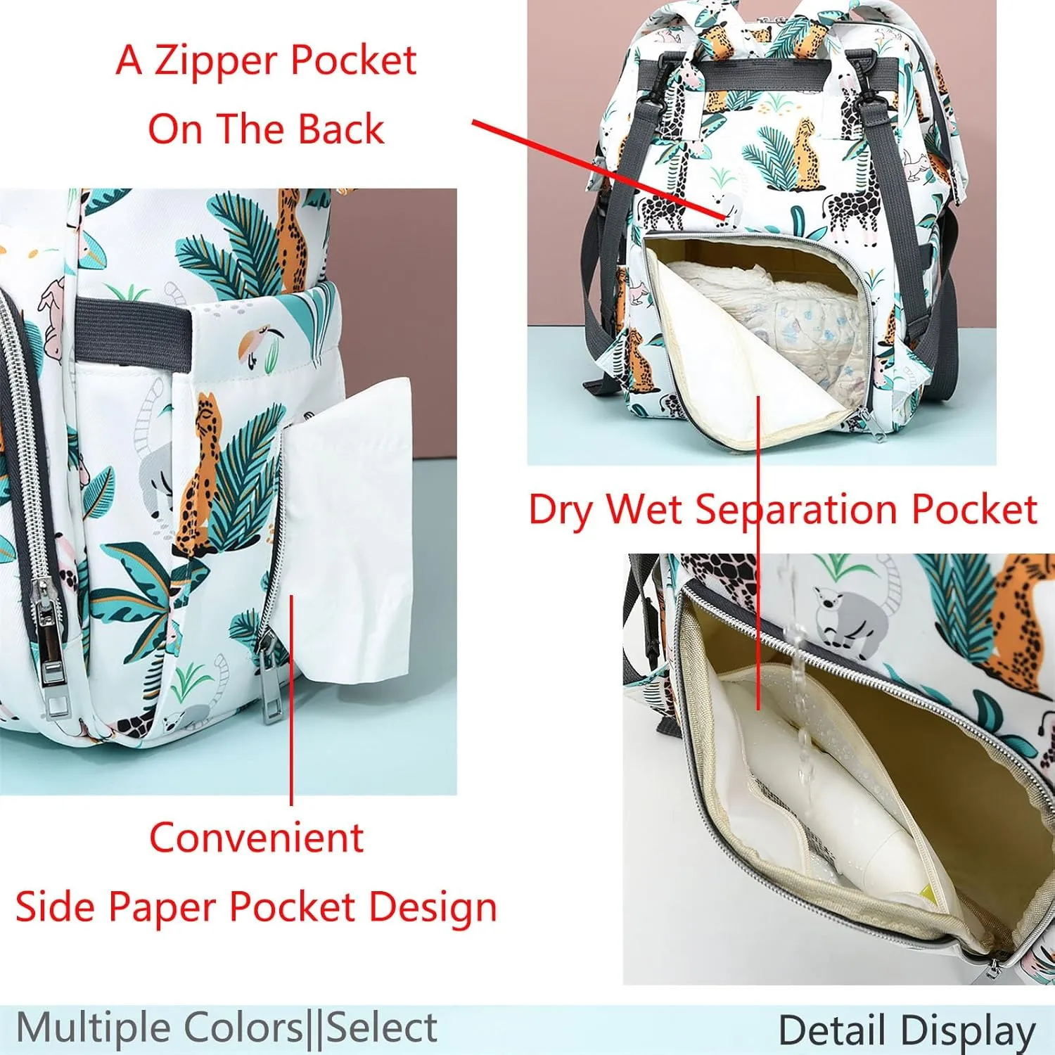 Stylish Print Diaper Bag Backpack Mama Baby Anti Theft Travel Bag with Insulated Pockets Dry Wet Separation Pocket (White Giraffe)