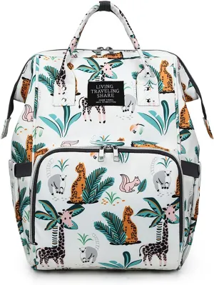 Stylish Print Diaper Bag Backpack Mama Baby Anti Theft Travel Bag with Insulated Pockets Dry Wet Separation Pocket (White Giraffe)