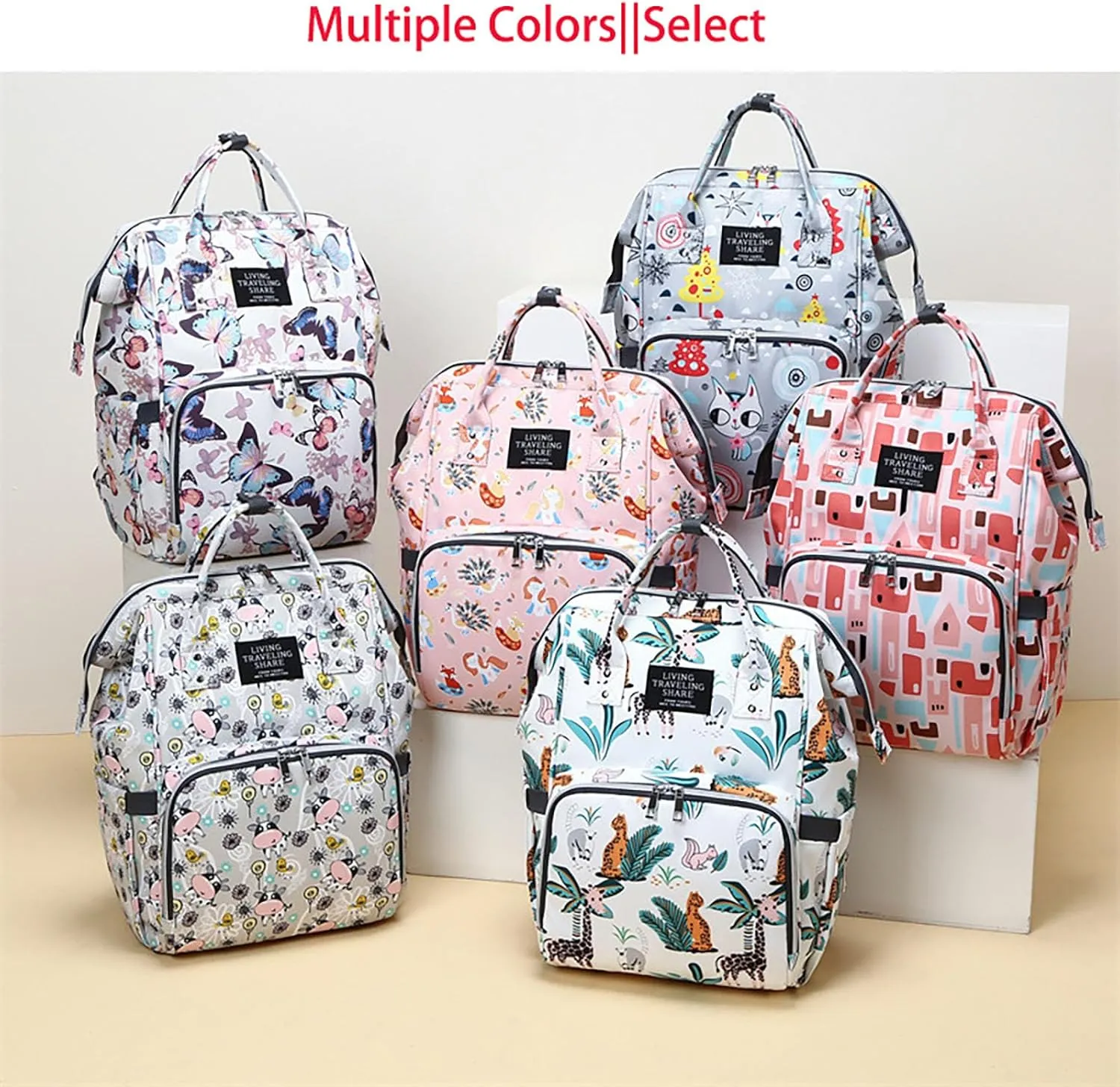 Stylish Print Diaper Bag Backpack Mama Baby Anti Theft Travel Bag with Insulated Pockets Dry Wet Separation Pocket (White Giraffe)