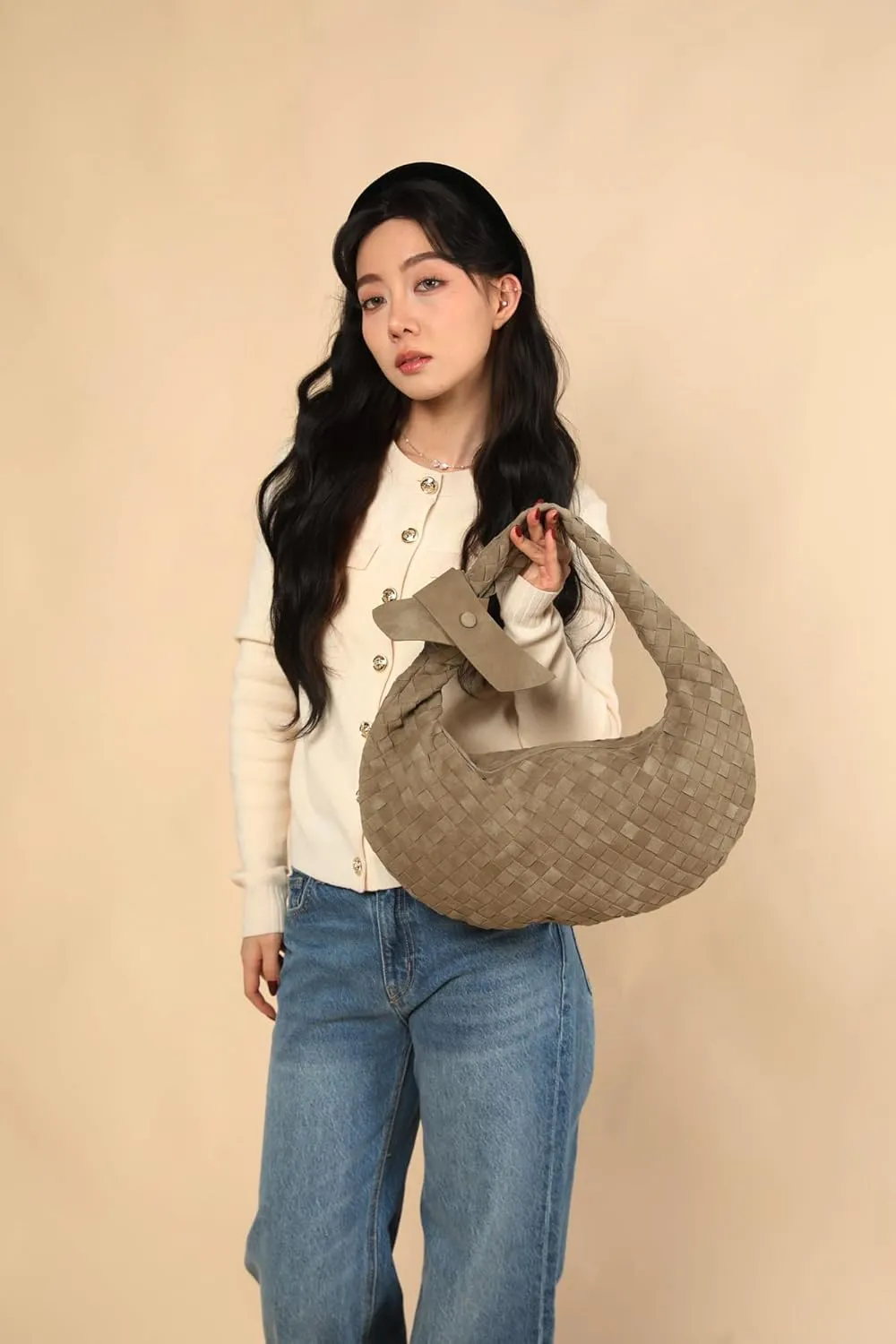Suede Leather Woven Bag for Women, Woven Knot Clutch Bag, Woven Purse, Evening Handbag, Vegan Leather Top Handle Bag