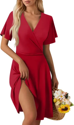 Summer Dresses for Women 2025 Elegant Classy Fit and Flare Empire Waist Dress V Neck Boho Flowy Midi Dress